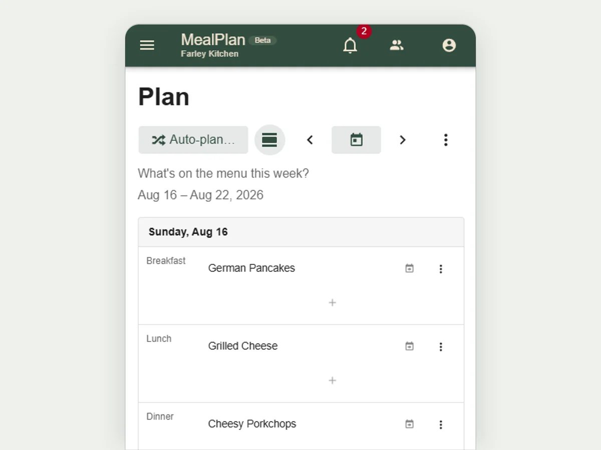 MealPlanApp on a phone, showing a week of meals planned by breakfast, lunch, and dinner.
