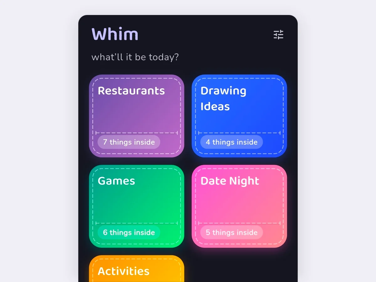 Whim on a phone, showing a grid of pockets, each holding a few things to pick from.